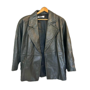 Andrew Marc Black Leather Jacket | Vintage Trench Blazer Coat | Size M